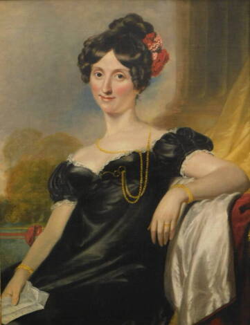 19thC Salisbury School. Portrait of a lady, quarter profile, dressed in finery holding a note, oil on canvas, unsigned, 91cm x 70cm.