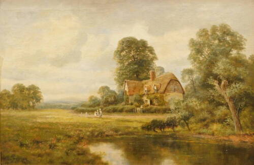 H. Johnston (19thC School). Lake and figures on a path before cottage and trees, oil on canvas, signed, 40cm x 60cm.