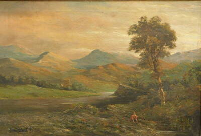 Alfred D. Breanski Junior (1877-1955). Figure in a mountainous landscape, oil on canvas, signed, 50cm x 79cm.