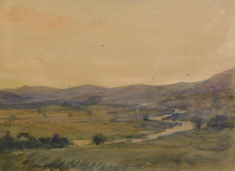 Alfred Edward Borthwick (1872-1937). Scottish river landscape, sunset, watercolour, John Mathieson & Co. and Martin Gregory label to the back, 25cm x 35cm.