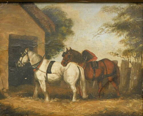 19thC English School. Horses in a farmyard before barn and trees, oil on tin, unsigned, 18cm x 20cm.