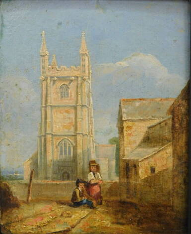 Attributed to R.P. Bonnington. Figures before church on a summer's day, oil on board, unsigned, 18cm x 14cm.