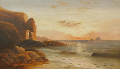 19thC English School. Seascape, twilight evening, oil on canvas, signed and indistinctly titled, Frank Davis label to the back, 35cm x 60cm.