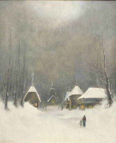 Nils Hans Christiansen (1850-1922). Winter scene, figures on a path before houses and church, oil, signed, 60cm x 49cm.