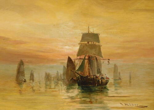 William Wilson (1905-1972). Boats drying sails, twilight evening, oil on canvas, signed, 25cm x 35cm.