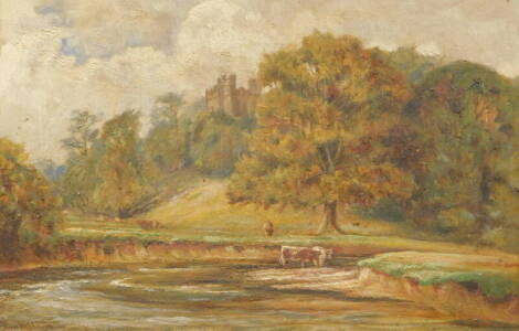 John Henry Hill (1839-1922). Cattle in a stream before trees and castle, oil on board, 20cm x 29cm, and horses and cottage before trees - pair.