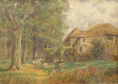 John Henry Hill (1839-1922). Figure driving sheep on a path before cottage and trees, oil on board, unsigned, 22cm x 33cm and another similar, possibly by the same hand. (2)