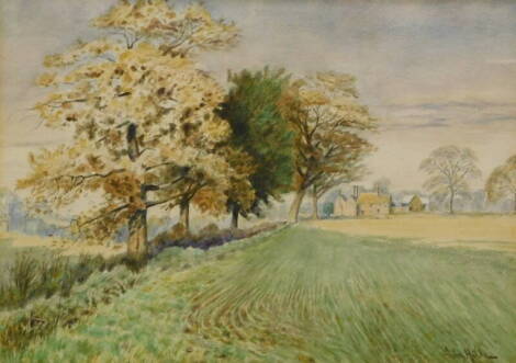 John Henry Hill (1839-1922). Trees before a farmhouse, watercolour, signed, 25cm x 34cm and a Devon farmstead, label to the back. (2)