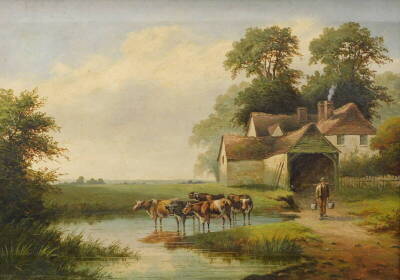 William P. Cartwright (1855-1915). Farm buildings on The Thames, Richmond, Surrey, oil on canvas, signed, labelled with further title to the back, 35cm x 49cm.