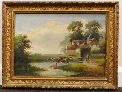 William P. Cartwright (1855-1915). Farm buildings on The Thames, Richmond, Surrey, oil on canvas, signed, labelled with further title to the back, 35cm x 49cm. - 2