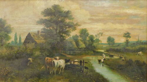 Llewellyn Cole (Early 20thC School). Cattle before fisherwoman at a stream, thatched cottages and spire with clouds gathering, oil on board, signed, 56cm x 98cm.