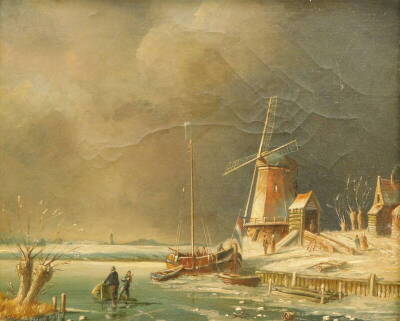 Gerard Meijer (19thC Dutch School). Figures on a frozen lake before boats and windmill, oil on canvas, signed, 25cm x 29cm.