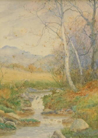 Albert Kinsley (1852-1945). Calm stream before trees and mountains, watercolour, signed, 36cm x 26cm.