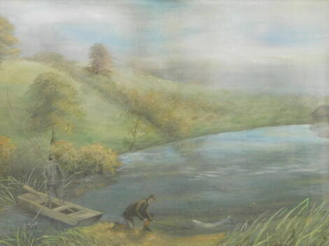 Early 20thC School. Figures fishing on a calm stream before hills, gouache, unsigned, 30cm x 39cm.