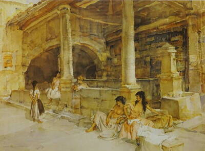 William Russell Flint (1880-1969). Gossip St Jeannet, artist signed coloured print, print 550/850, 53cm x 69cm.