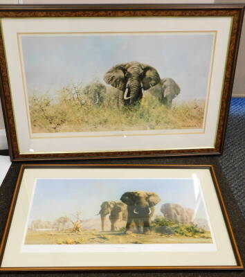 David Shepherd (1931-2017). Three Happy Jumbos, artist signed print, 47cm x 84cm and another The Ivory Is Theirs. (2) - 2