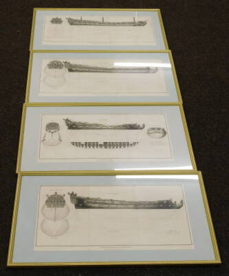 After Sewell. A Fourth Rate of the Second Class 1684 boat plan etched print, 28cm x 55cm and three others. (4) - 2