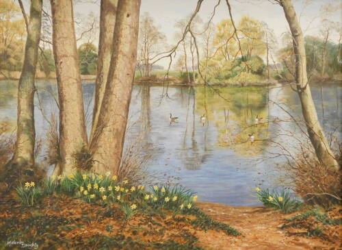 Malcolm Doughty (20thC). River landscape, oil on canvas, signed, 45cm x 60cm. Artist label verso.