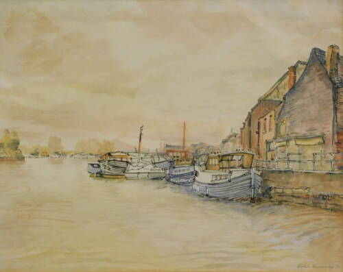 Gordon Cumming. Boats moored, watercolour, signed and dated (19)75, 39.5cm x 51cm.