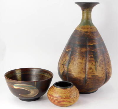 Robert Louis Blatherwick (1920-1993). Glazed pottery vase, 40cm high. Artist label and another vase, and bowl. (3)