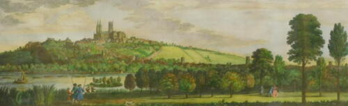 19thC/20thC. The South West Prospect of the City of Lincoln, framed and mounted coloured print, 24cm x 62.5cm.