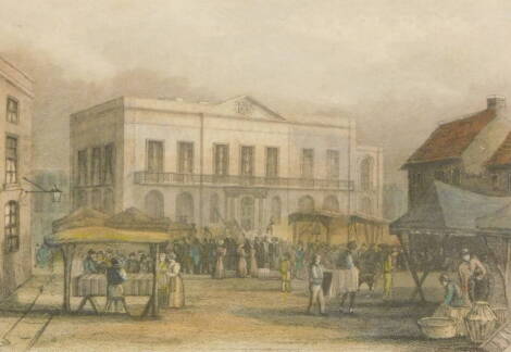 After J. Salmon. Market Place, Boston, coloured etching, 15cm x 16.5cm, and six others Boston related. (7)