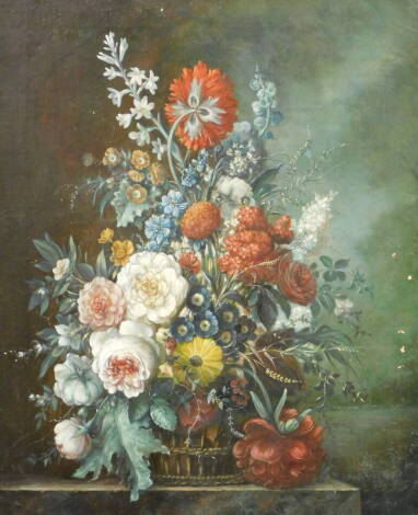 Dutch School. Still life of flowers in a basket resting on a ledge, oil on canvas, 75cm x 60cm.