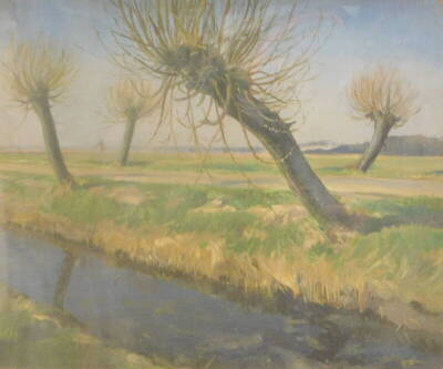 Wilfred Stanley Pettitt (1904-1978). A willowed dam in Spring, oil on board, signed and titled verso, 37cm x 45cm.