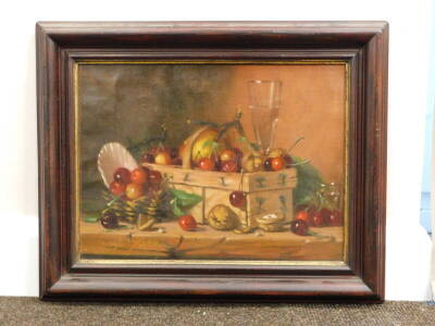 20thC School. Cherries still life, oil on canvas, indistinctly signed, 28.5cm x 38.5cm. - 2