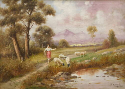 M. Zampella (19thC). Shepherdess with sheep in mountain landscape, oil on canvas, signed, 49cm x 68cm.