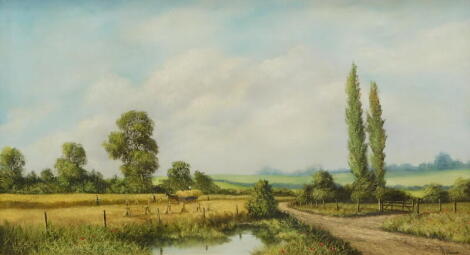 Royce Harmer (20thC). Hay making, oil on canvas, signed, 49.5cm x 90cm. Label verso Headrow Gallery, Leeds.