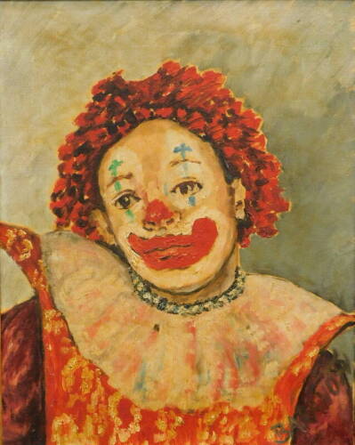 Babrielle Baranoff (20thC). Clown, oil on canvas, signed and titled verso, 50cm x 40cm, and a watercolour signed Goodfellow.