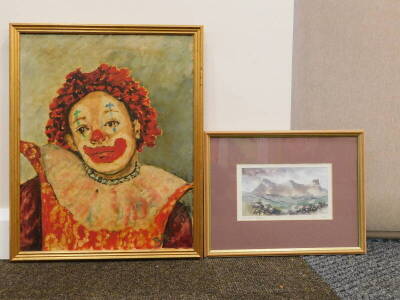 Babrielle Baranoff (20thC). Clown, oil on canvas, signed and titled verso, 50cm x 40cm, and a watercolour signed Goodfellow. - 2