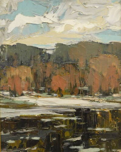 R.B. Landscape, oil on board, initialled, 59cm x 46.5cm.