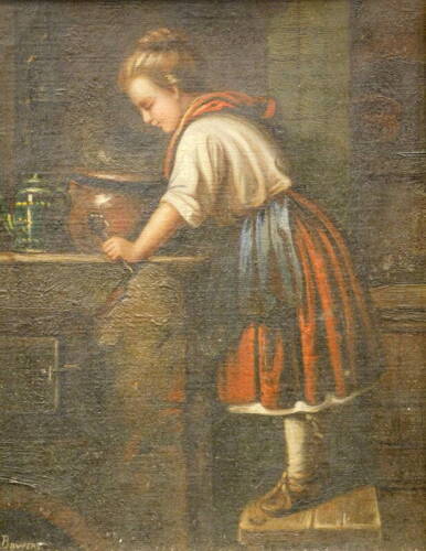 S. Bowers. Young girl cooking, oil on canvas, signed, 19cm x 15.5cm.