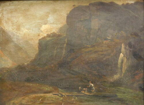 19thC School. Goat herder in mountain landscape, oil on canvas, 26cm x 35.5cm.