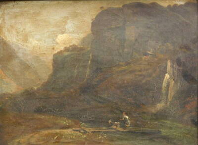 19thC School. Goat herder in mountain landscape, oil on canvas, 26cm x 35.5cm.