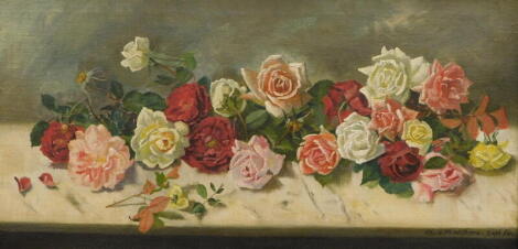 Elsie M. Withers (19thC/20thC). Roses - still life, oil on canvas, signed and dated Sept (19)10, 30cm x 60cm.