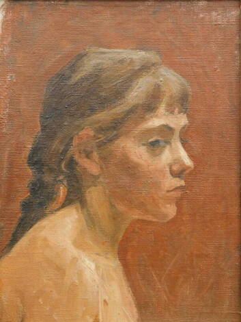 20thC School. Head and shoulders portrait of a young girl, oil on board, 38cm x 28.5cm.