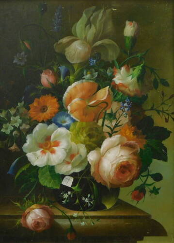 Dutch School. Floral study, flowers in glass vase mounted on a shelf, oil on board, 39.5cm x 29.5cm.