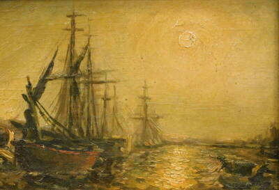 20thC School. Masted ships on moonlit waters, oil on board, 11.5cm x 16.5cm.