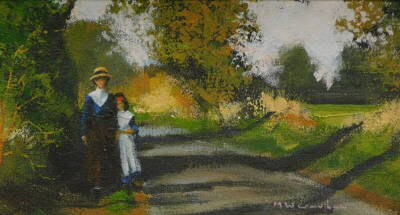 Maurice William Crawshaw (b.1947). Figures on a country lane, oil on board, signed, 11.5cm x 21.5cm.