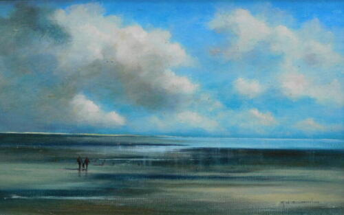 Maurice William Crawshaw (b.1947). Beach scene, oil on board, signed, 36.5cm x 59.5cm.