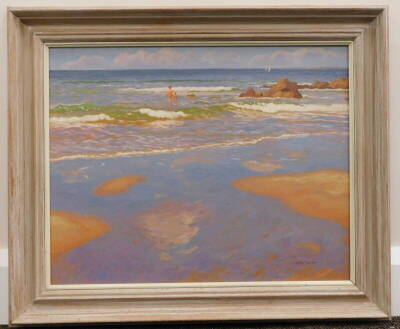 M.A. Clark. figures on beach, oil on board, signed, 37cm x 47cm. - 2