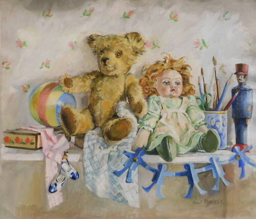 Avril Morris (20thC). The Toy Shelf, watercolour, 44cm x 50cm.