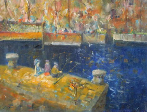 L. Ritter. Harbour scene, oil on board, signed, 31cm x 41cm, and two other works.