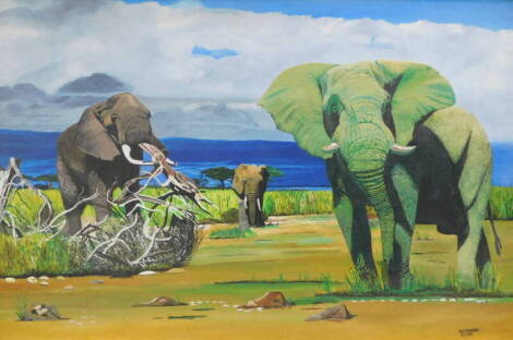 G.E. Massey. Elephants, oil on board, signed and dated 1996, 49.5cm x 75cm.