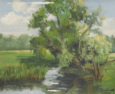 A.P. Brockbank. River landscape, oil on board, signed and dated 1960, 49.5cm x 59.5cm.