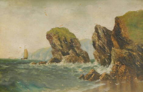 19thC British School. Sailing ships off rocky coast, oil on board, 49.5cm x 75.5cm.