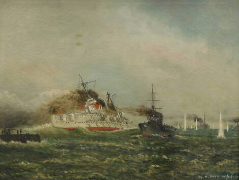 H. Small. Gun ships - after M. Dawson, oil on canvas, signed and dated 12/12/(19)19, 49.5cm x 64cm.